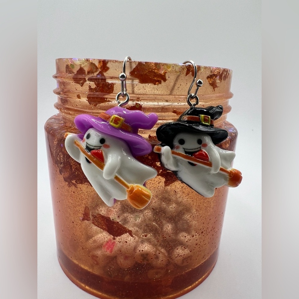 Whimsical Ghost Earrings with Purple and Black Hats